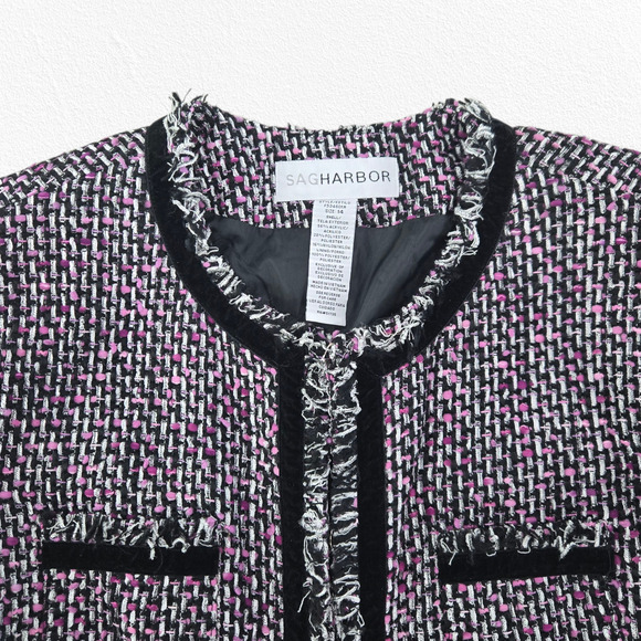 Y2K Sag Harbor Tweed Jacket Black Pink Boucle Fringe Trim Blazer Size 14 - Picture 2 of 11